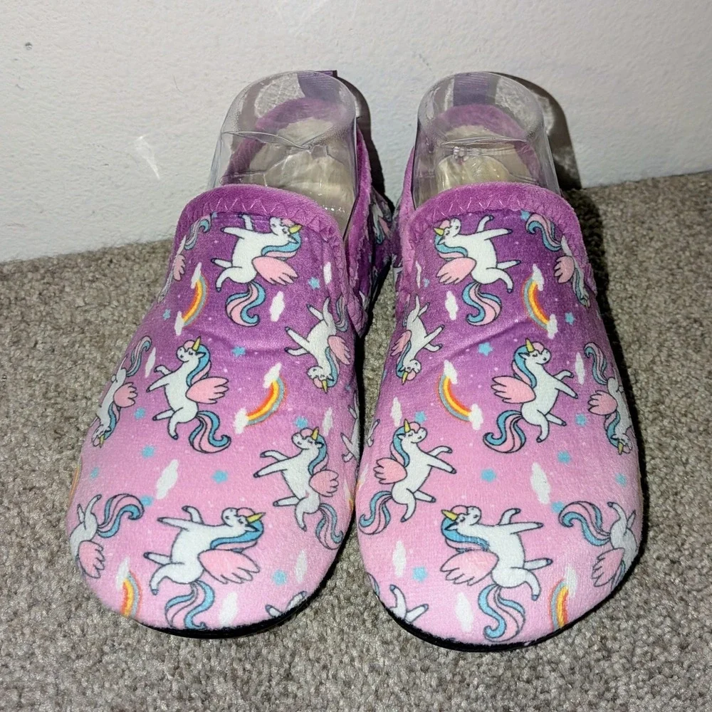 Girls Unicorn Rainbow Slippers Purple Pink Plush House Shoes‎ Size 2-3 NEW